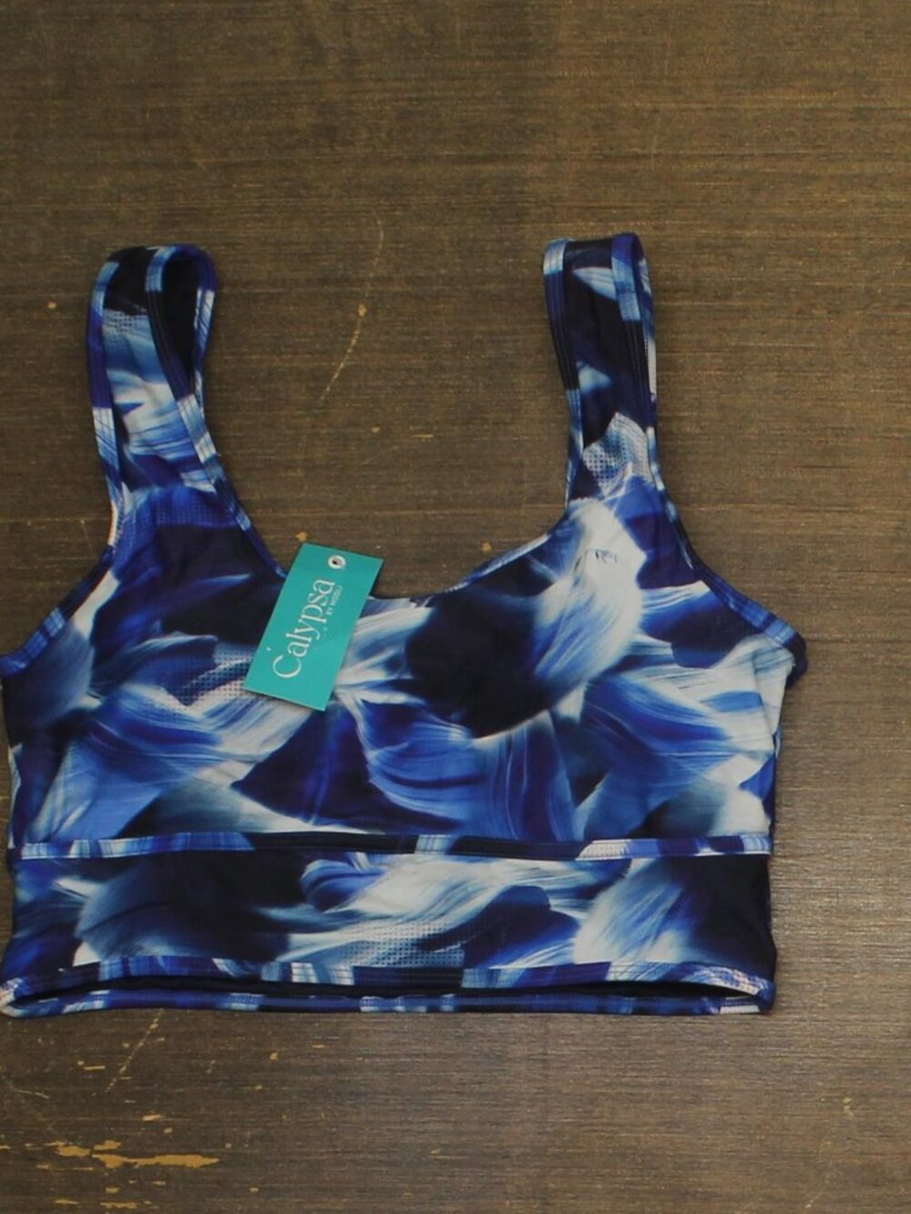 Blue Calypsa Longline Swim Bra Bikini Top Navy Wave L Sz L